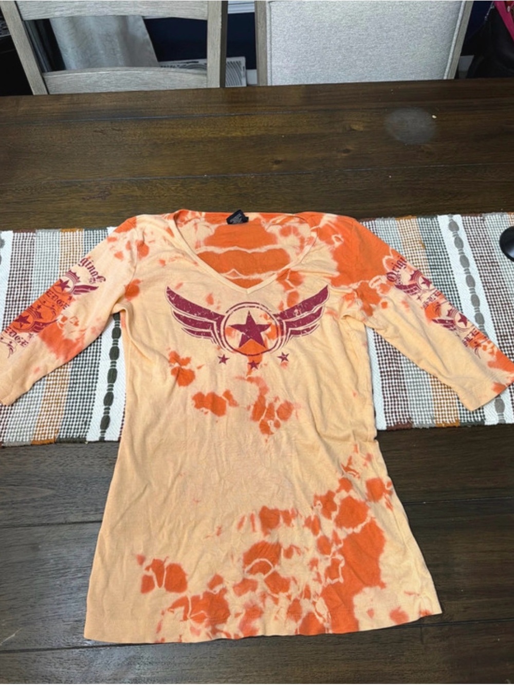 Women's Y2K Orange Tie-Dye V-Neck Graphic Long Sleeve Tee